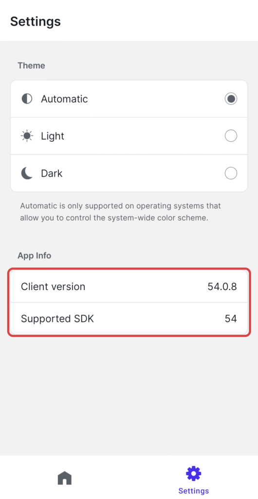Expo Go設定画面のClient version 54.0.8とSupported SDK 54の表示